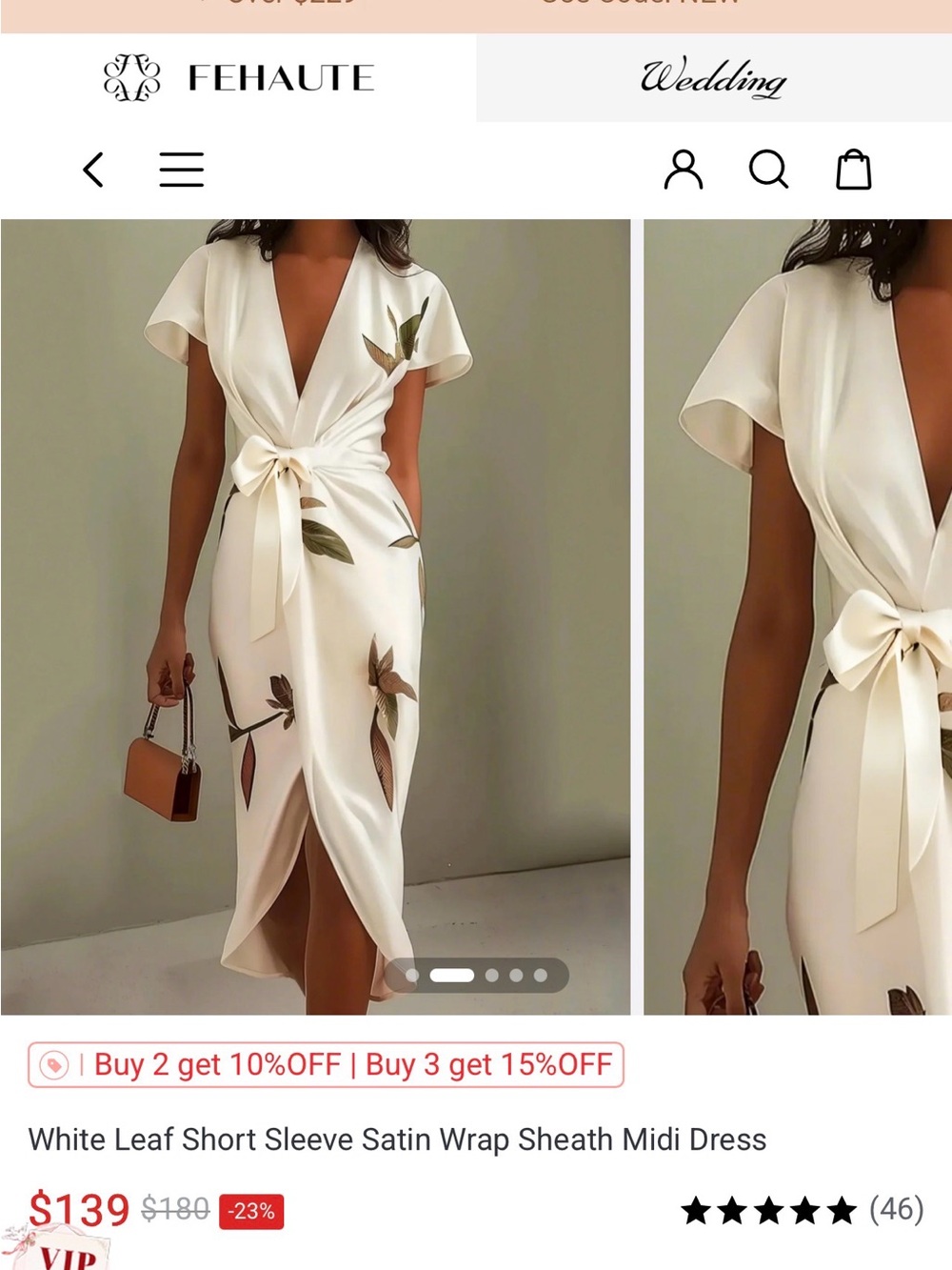 FEHAUTE White Satin Wrap Midi Dress with Leaf Detail